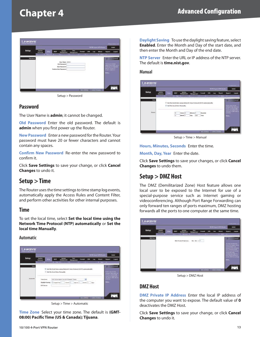 Cisco Systems RV042RF manual Setup Time, Setup DMZ Host, Password 