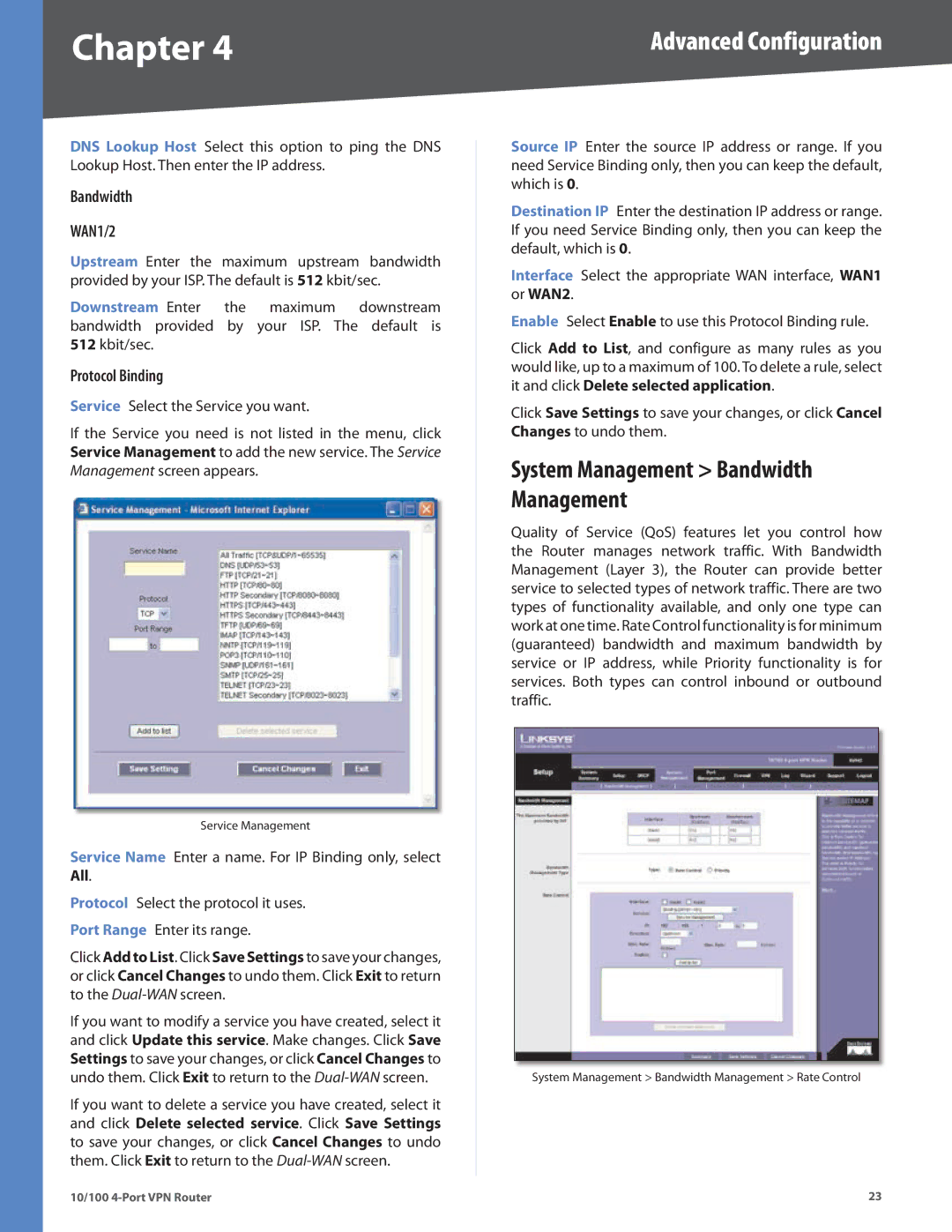 Cisco Systems RV042RF manual System Management Bandwidth Management, Bandwidth WAN1/2, Protocol Binding 