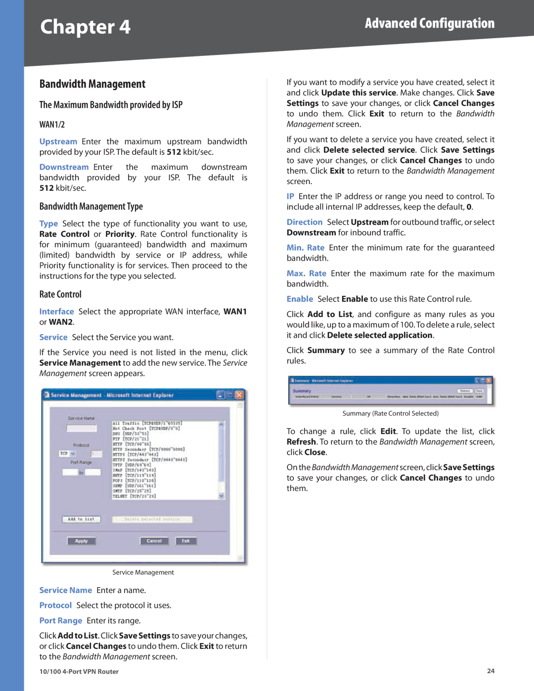 Cisco Systems RV042RF manual Maximum Bandwidth provided by ISP, Bandwidth Management Type, Rate Control 