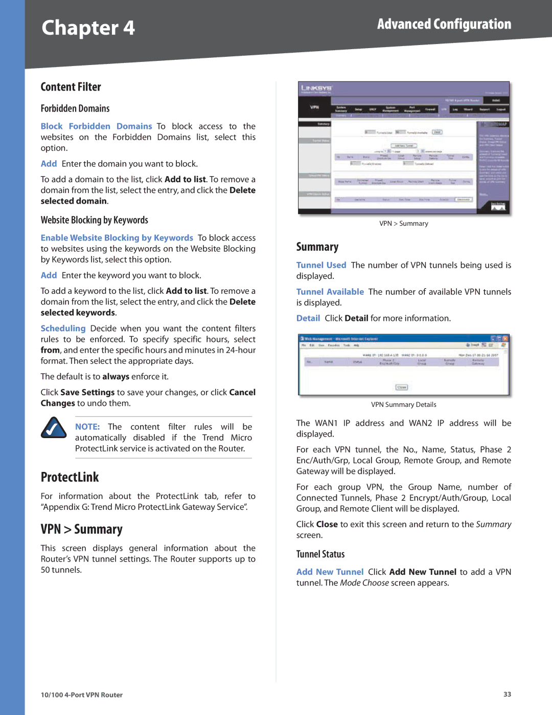 Cisco Systems RV042RF manual ProtectLink, VPN Summary, Content Filter 