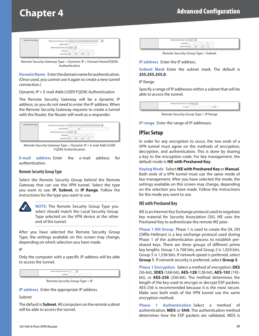 Cisco Systems RV042RF manual IPSec Setup, IKE with Preshared Key, Remote Security Group Type 