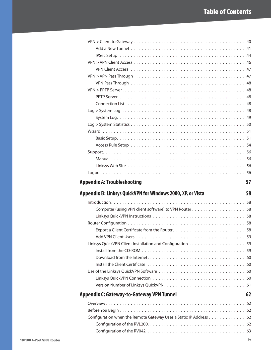 Cisco Systems RV042RF manual Appendix a Troubleshooting, Appendix B Linksys QuickVPN for Windows 2000, XP, or Vista 