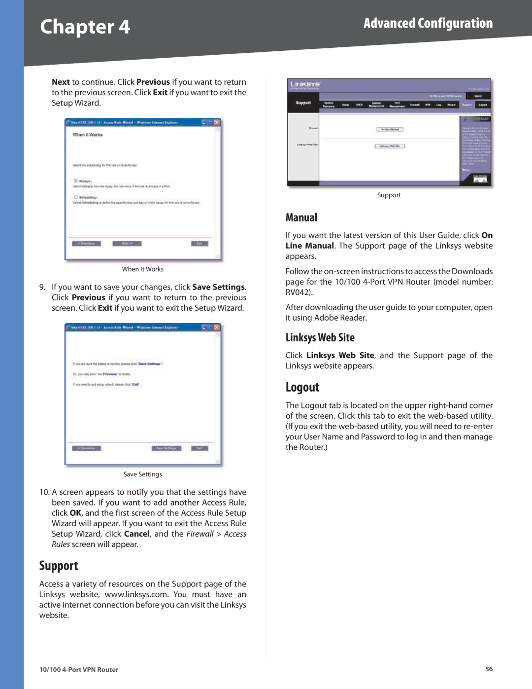 Cisco Systems RV042RF manual Support, Logout, Manual, Linksys Web Site 