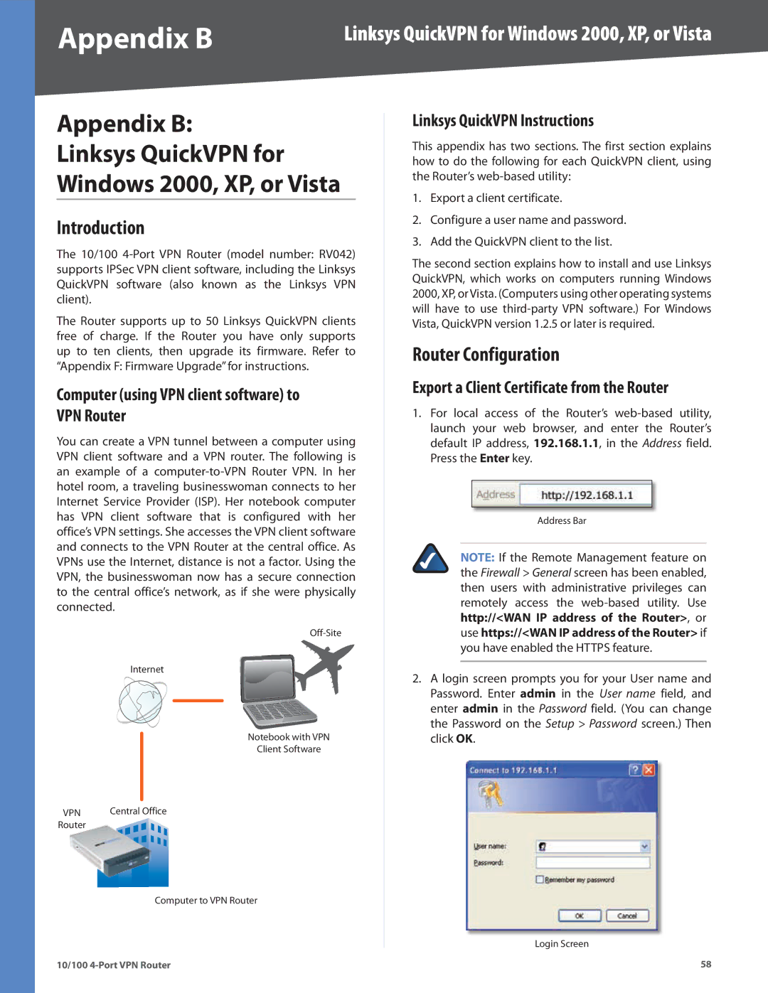 Cisco Systems RV042RF manual Appendix B, Linksys QuickVPN for, Windows 2000, XP, or Vista 