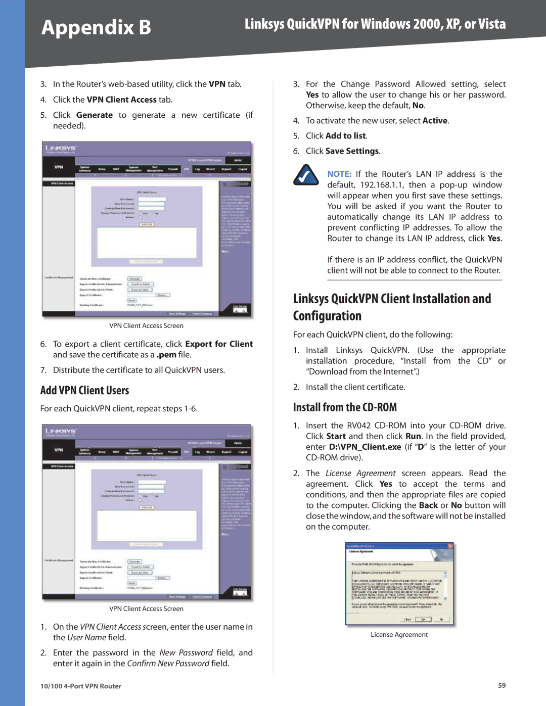 Cisco Systems RV042RF manual Linksys QuickVPN Client Installation and Configuration, Add VPN Client Users 