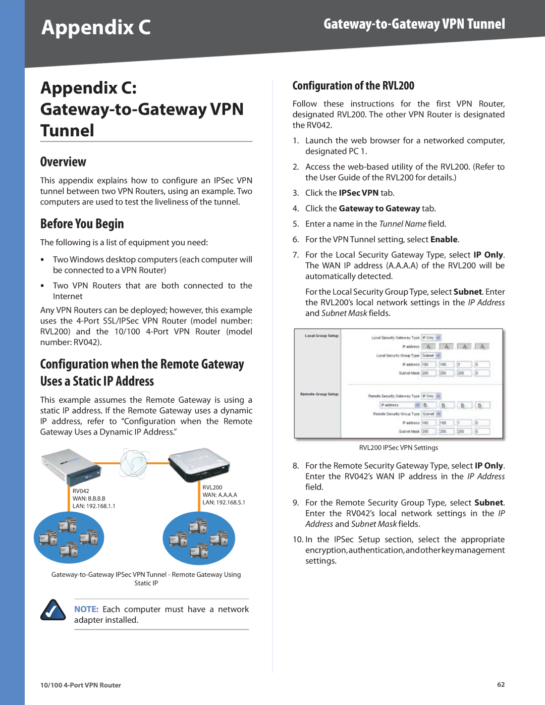 Cisco Systems RV042RF manual Appendix C Gateway-to-Gateway VPN Tunnel, Before You Begin, Configuration of the RVL200 