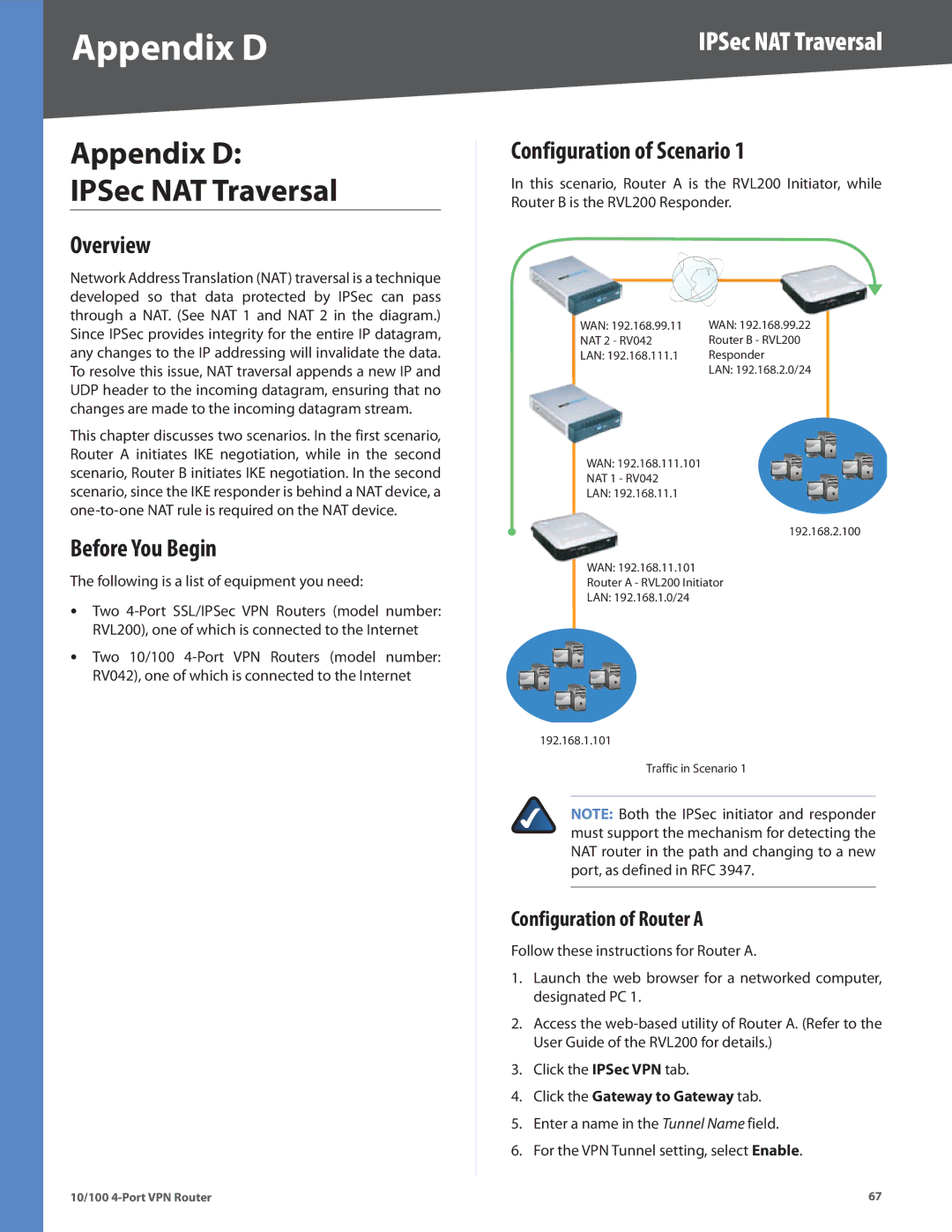 Cisco Systems RV042RF manual Appendix D IPSec NAT Traversal, Configuration of Scenario, Configuration of Router a 