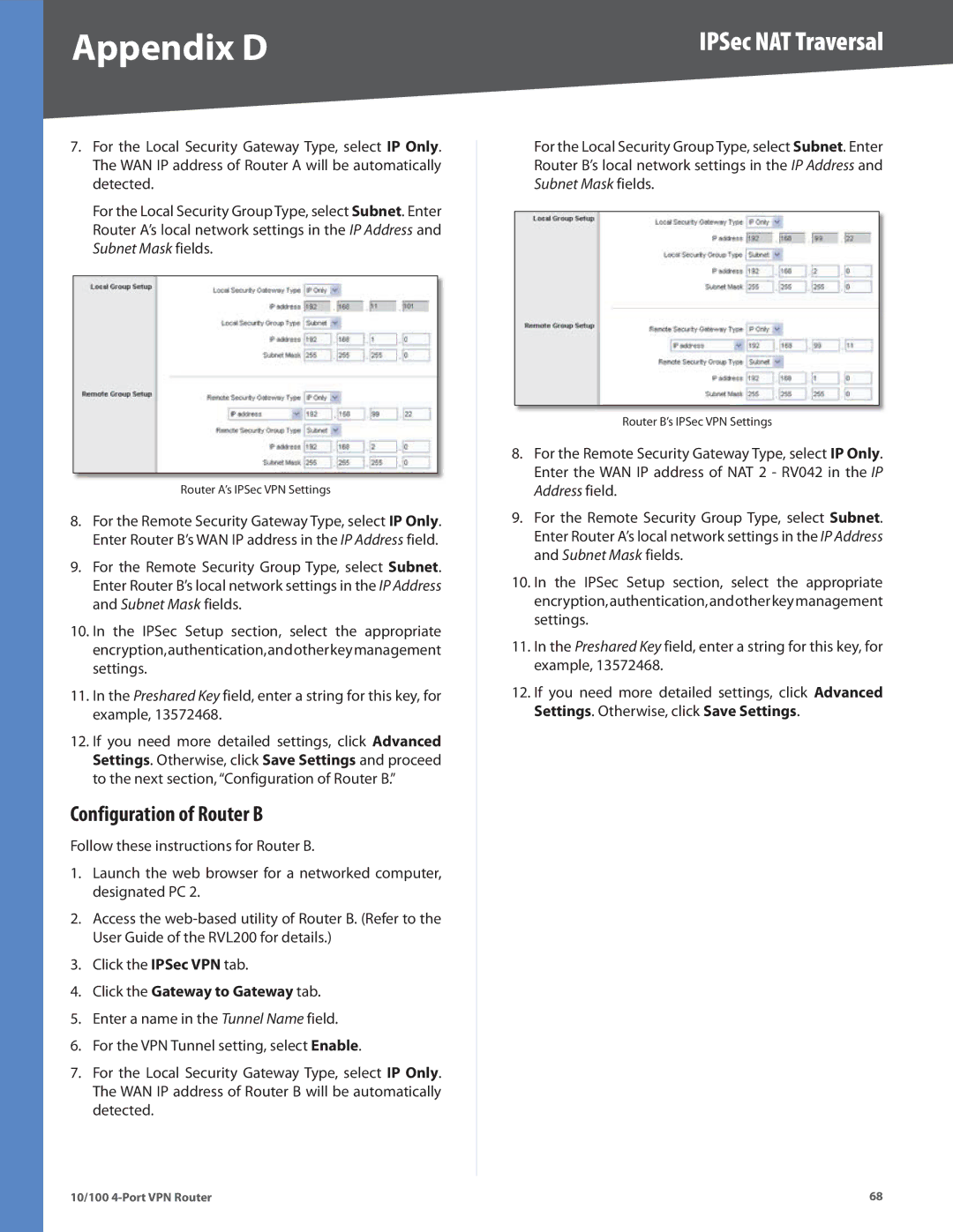 Cisco Systems RV042RF manual Configuration of Router B, IPSec NAT Traversal 