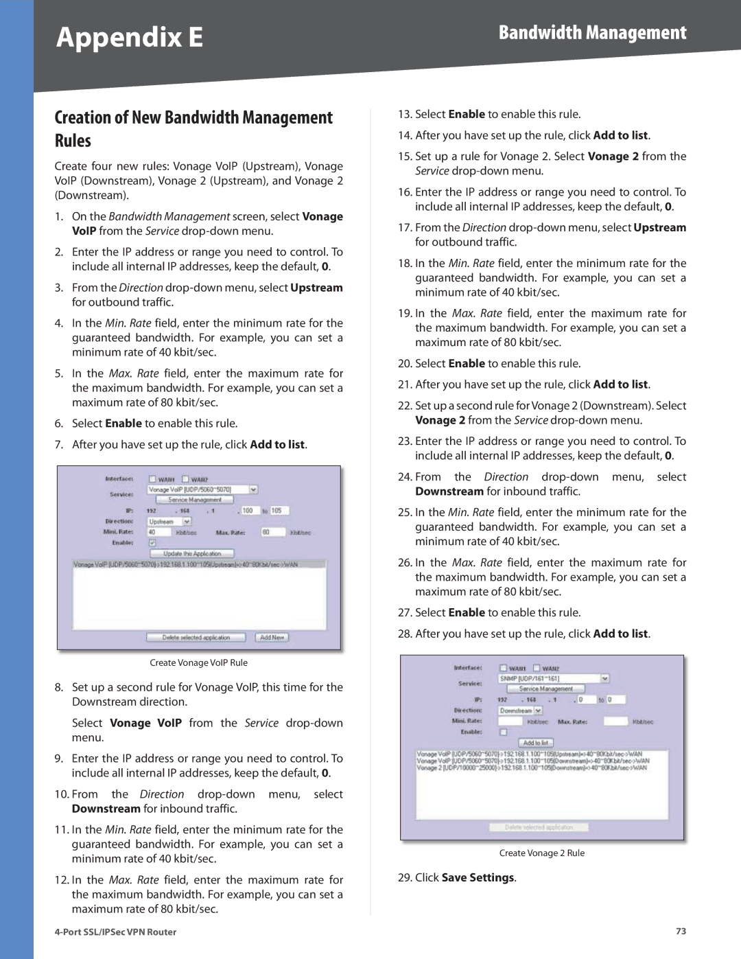 Cisco Systems RV042RF manual Creation of New Bandwidth Management Rules, Click Save Settings 