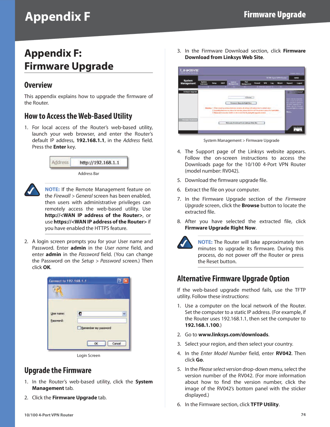 Cisco Systems RV042RF manual Appendix F Firmware Upgrade, Upgrade the Firmware, Alternative Firmware Upgrade Option 