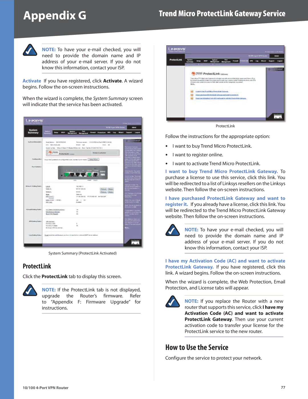 Cisco Systems RV042RF manual How to Use the Service, ProtectLink 