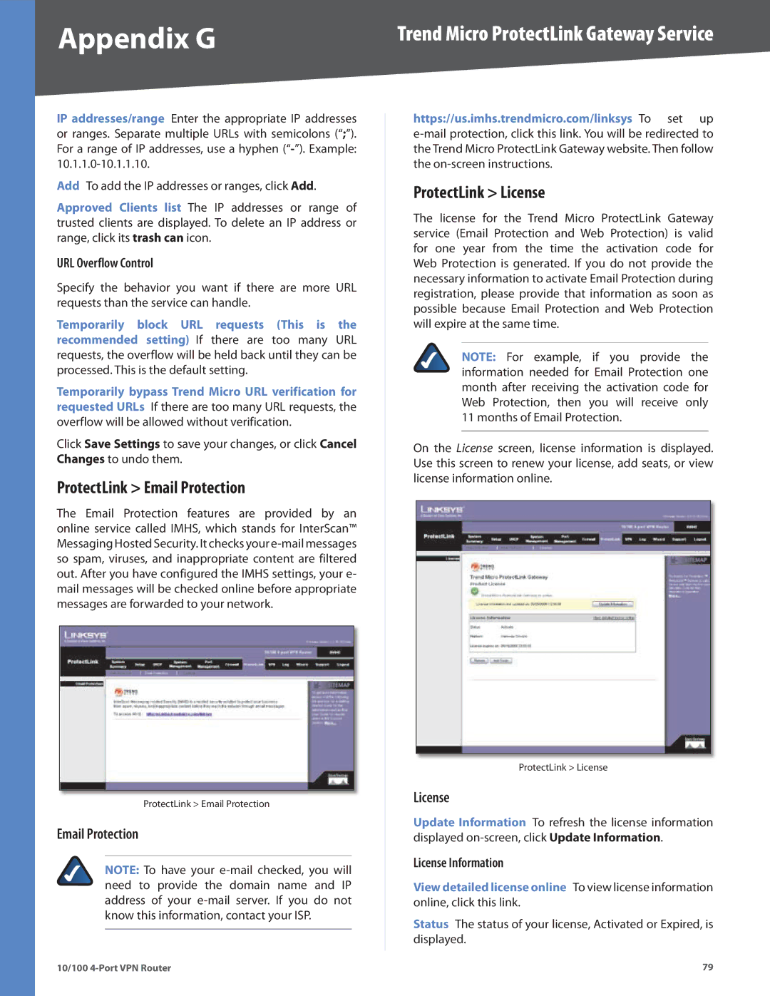 Cisco Systems RV042RF manual ProtectLink Email Protection, ProtectLink License 