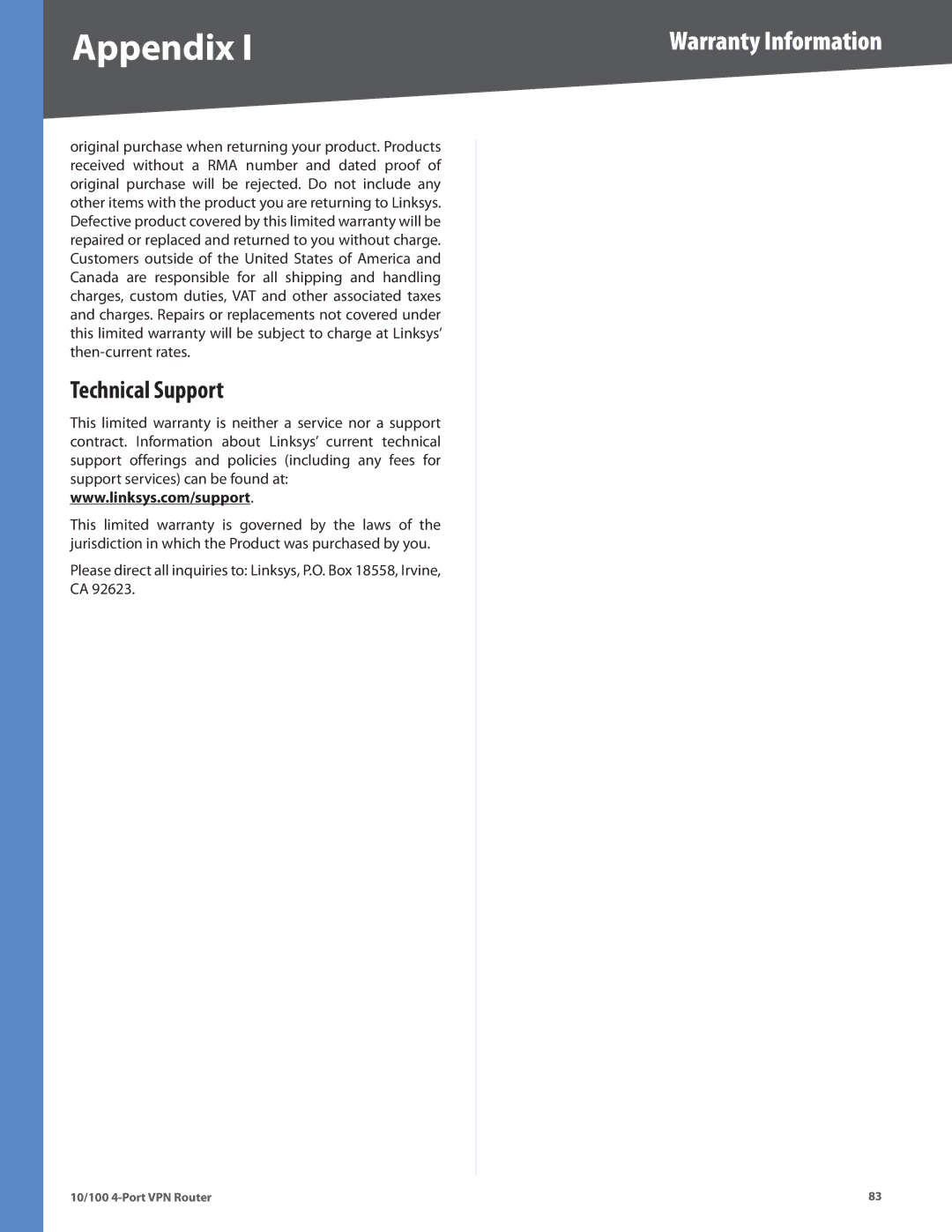 Cisco Systems RV042RF manual Technical Support, Warranty Information 