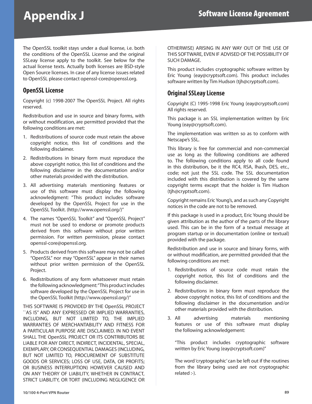 Cisco Systems RV042RF manual OpenSSL License, Original SSLeay License 