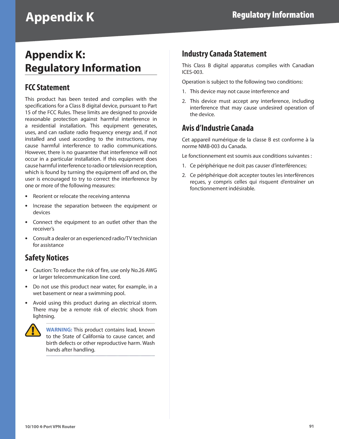 Cisco Systems RV042RF manual Appendix K, Regulatory Information 