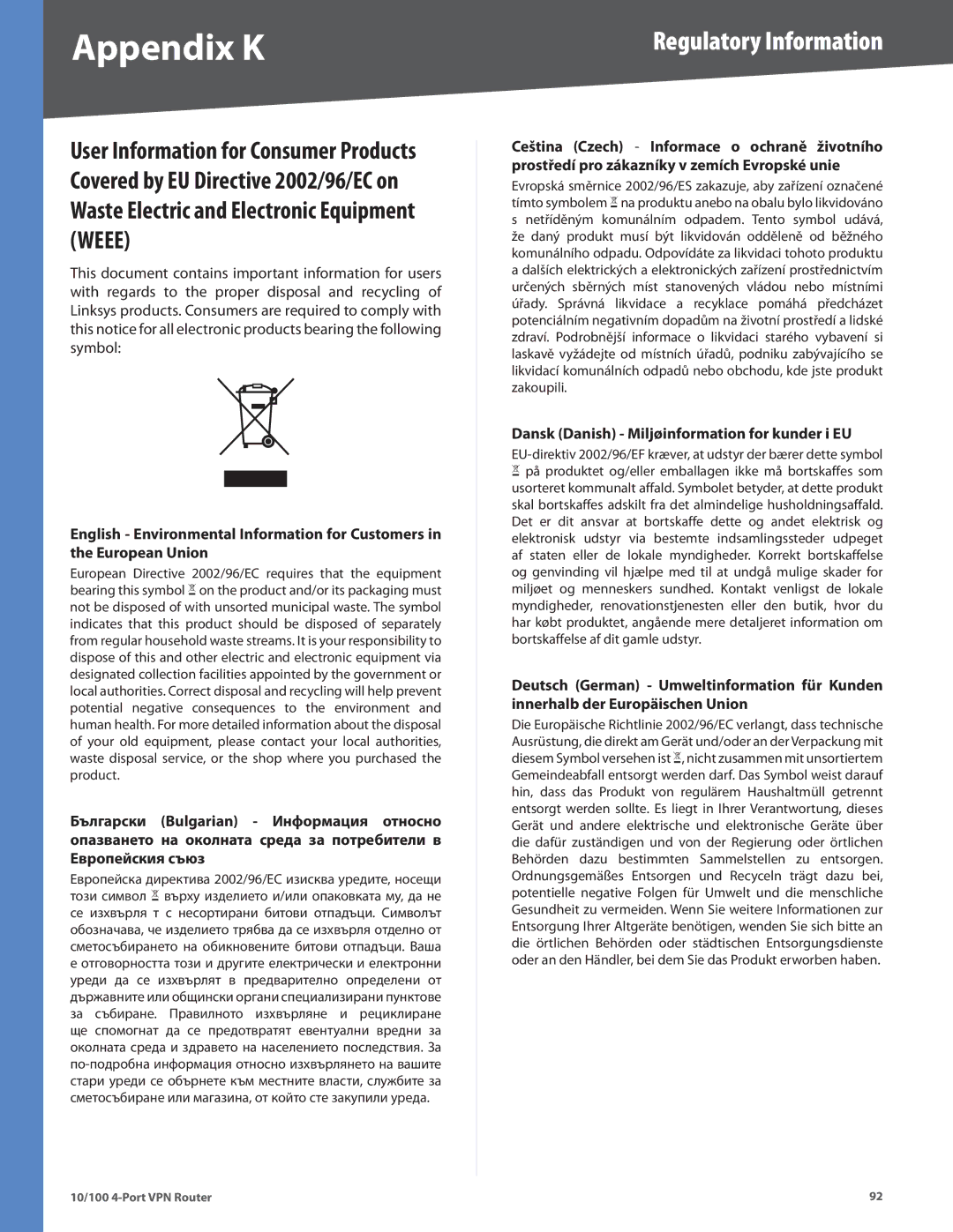 Cisco Systems RV042RF manual Dansk Danish Miljøinformation for kunder i EU 