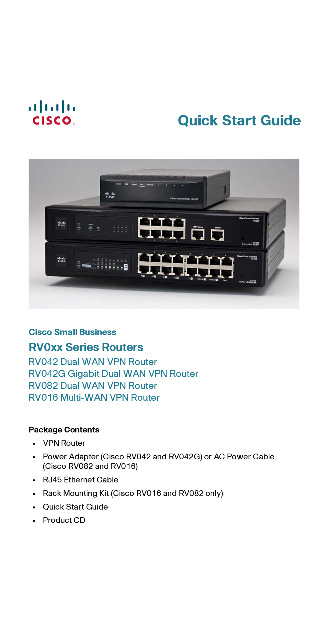 Cisco Systems RV082RF quick start Quick Start Guide, Package Contents 