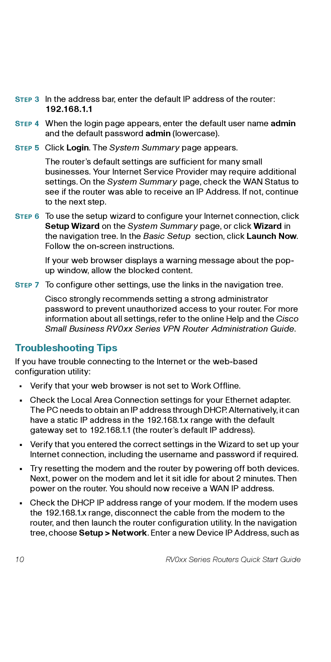 Cisco Systems RV082RF quick start Troubleshooting Tips, 192.168.1.1 