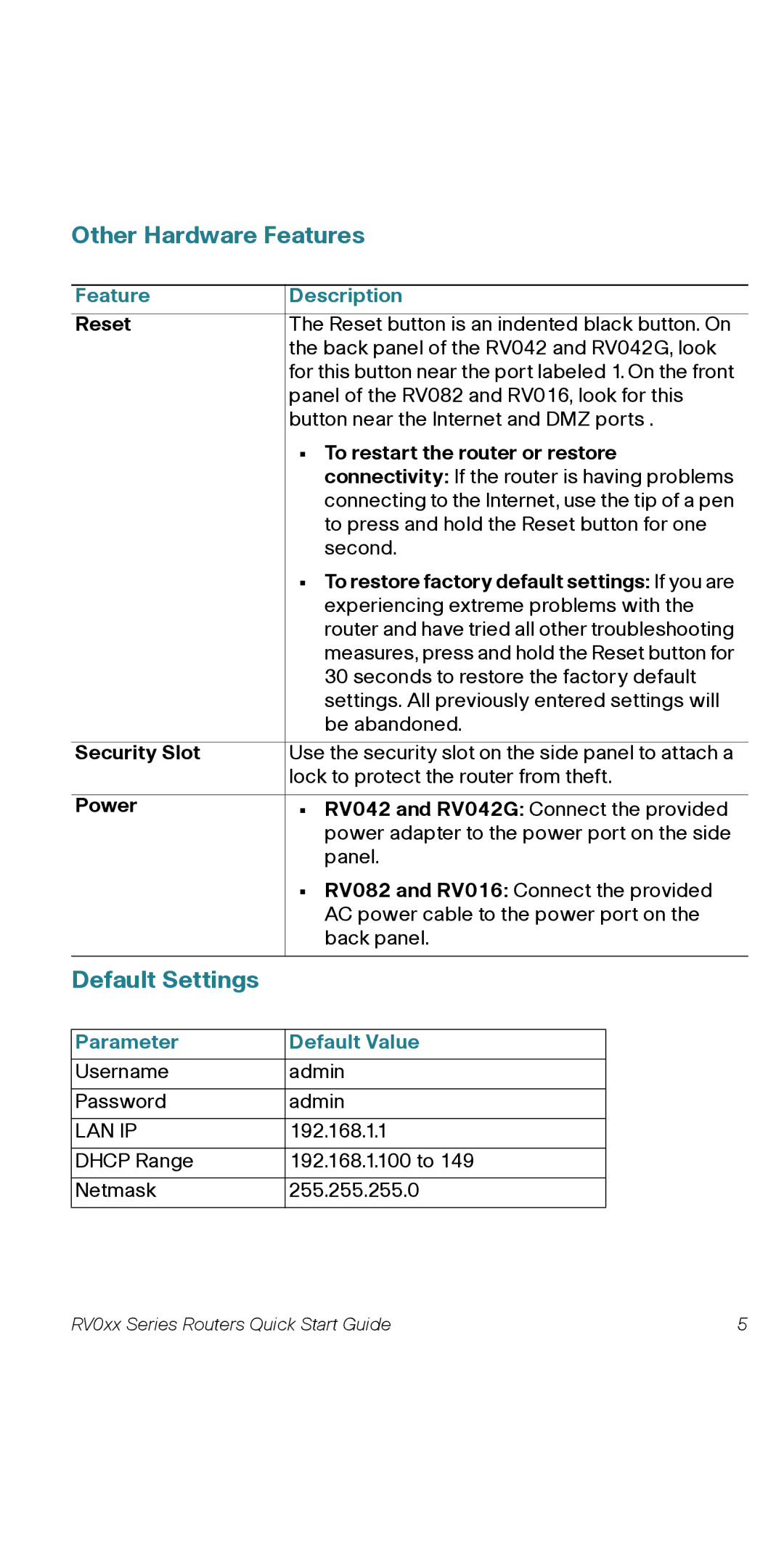 Cisco Systems RV082RF quick start Other Hardware Features, Default Settings, Feature Description, Parameter Default Value 