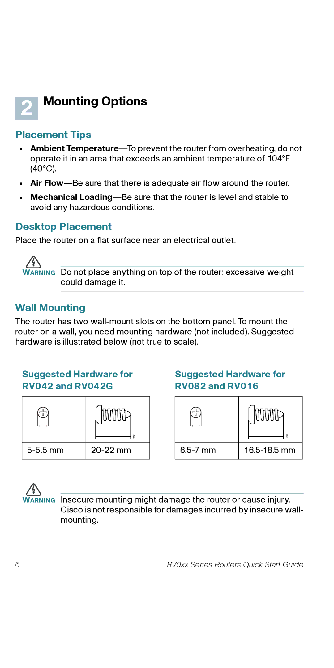 Cisco Systems RV082RF quick start Mounting Options, Placement Tips, Desktop Placement, Wall Mounting 