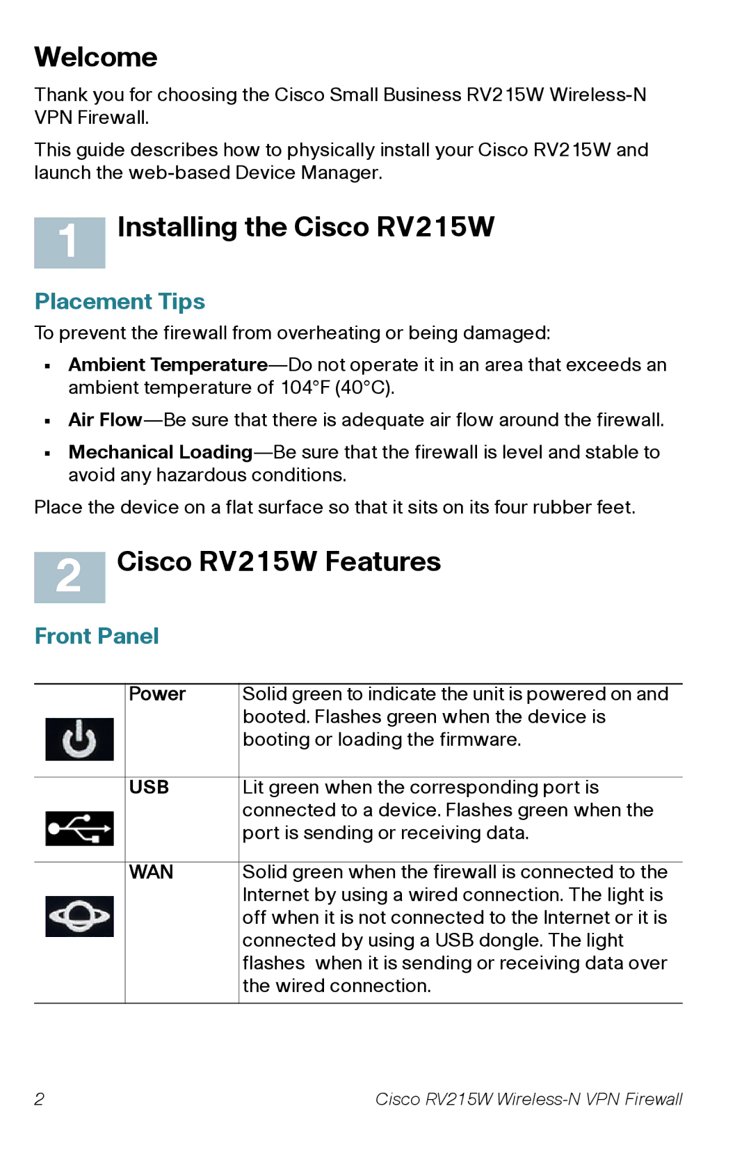 Cisco Systems RV215WAK9NA Welcome, Installing the Cisco RV215W, Cisco RV215W Features, Placement Tips, Front Panel 