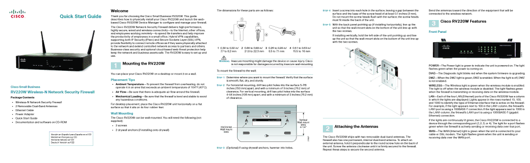 Cisco Systems RV220WAK9NA quick start Welcome, Cisco RV220W Features, Mounting the RV220W, Attaching the Antennas 