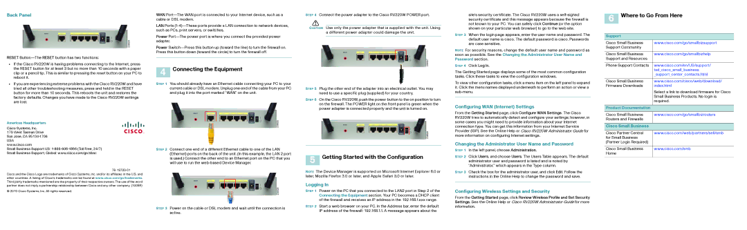 Cisco Systems RV220WAK9NA Connecting the Equipment, Getting Started with the Configuration, Where to Go From Here 