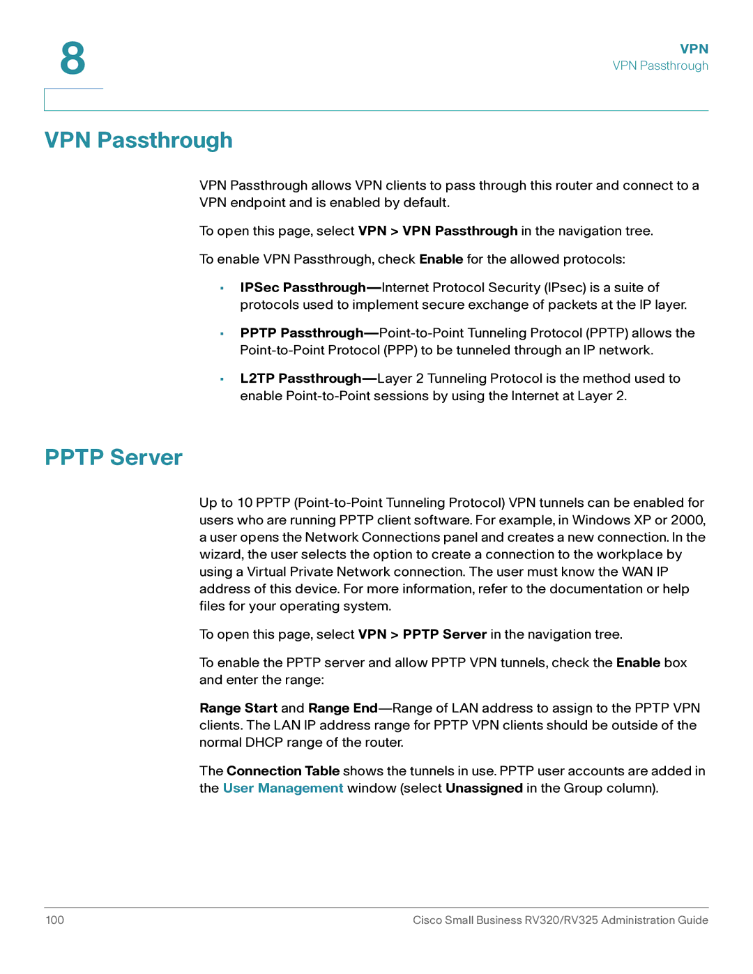 Cisco Systems RV320K9NA, RV325K9NA manual VPN Passthrough, Pptp Server 