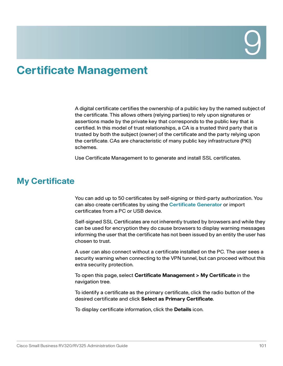 Cisco Systems RV325K9NA, RV320K9NA manual Certificate Management, My Certificate 