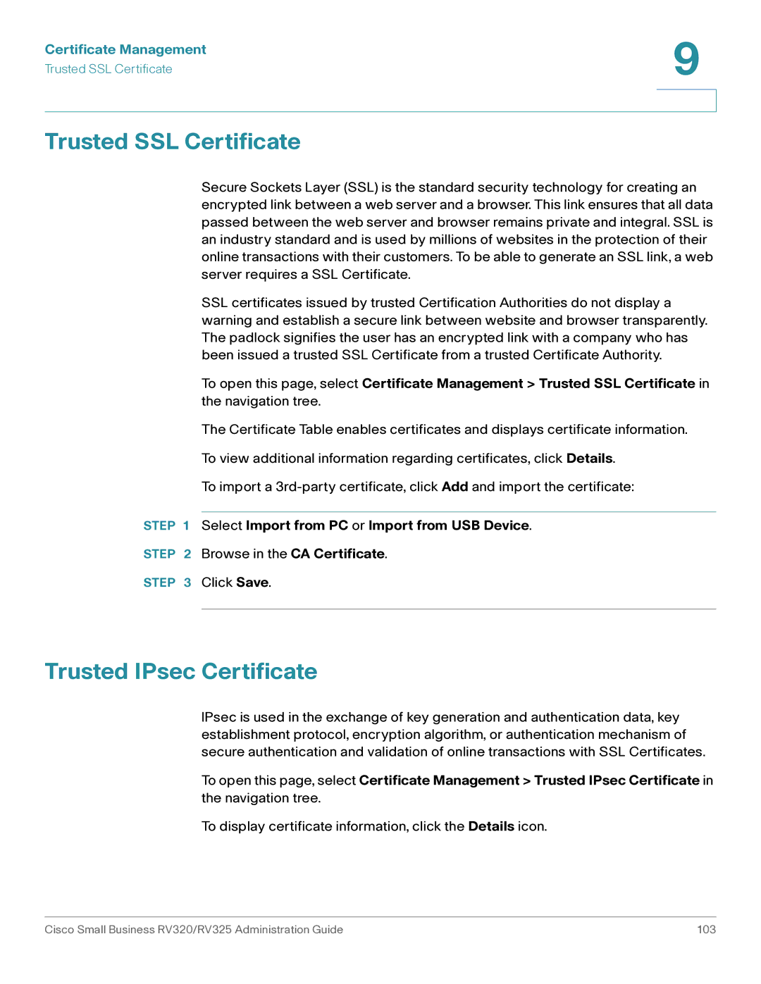 Cisco Systems RV325K9NA, RV320K9NA manual Trusted SSL Certificate, Trusted IPsec Certificate 