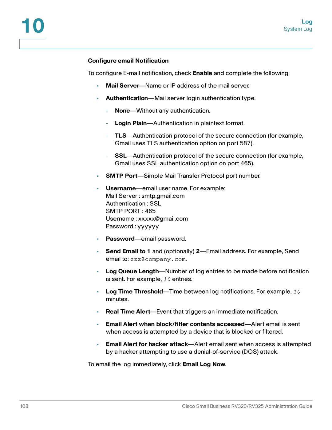 Cisco Systems RV320K9NA, RV325K9NA manual Log, Configure email Notification 