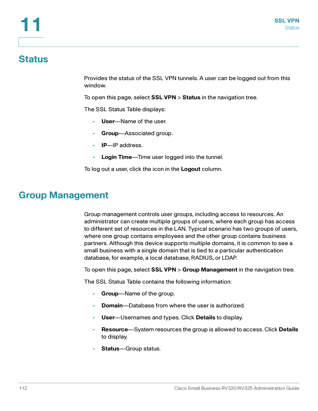 Cisco Systems RV320K9NA, RV325K9NA manual Status, Group Management 