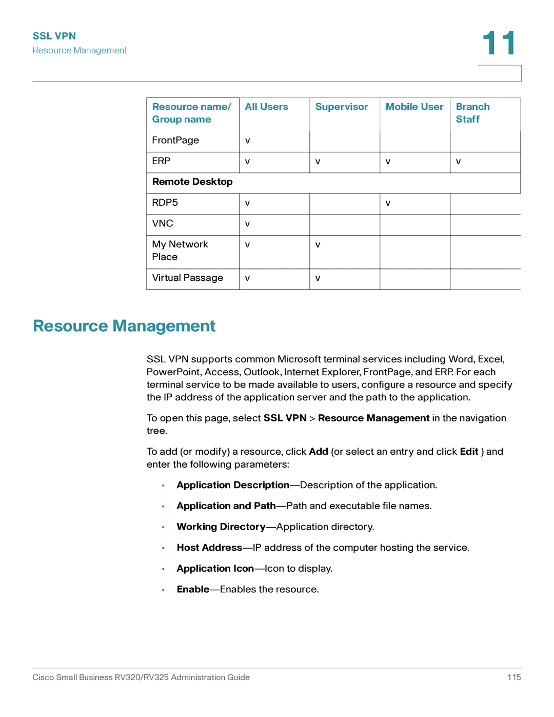 Cisco Systems RV325K9NA, RV320K9NA manual Resource Management, Remote Desktop 