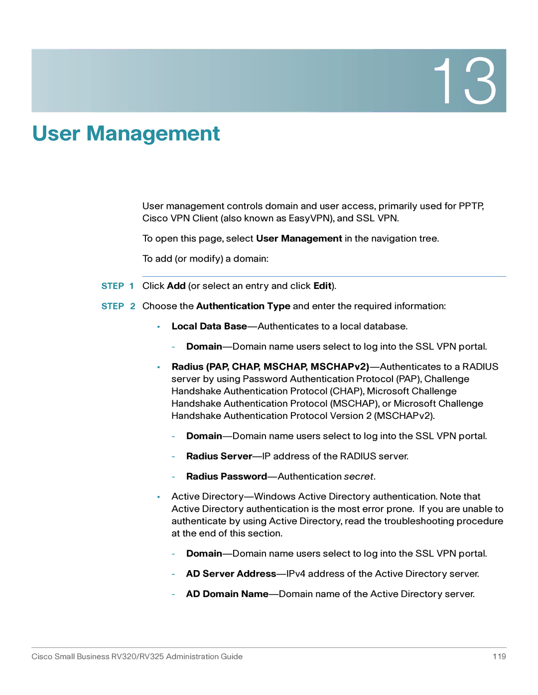 Cisco Systems RV325K9NA, RV320K9NA manual User Management 