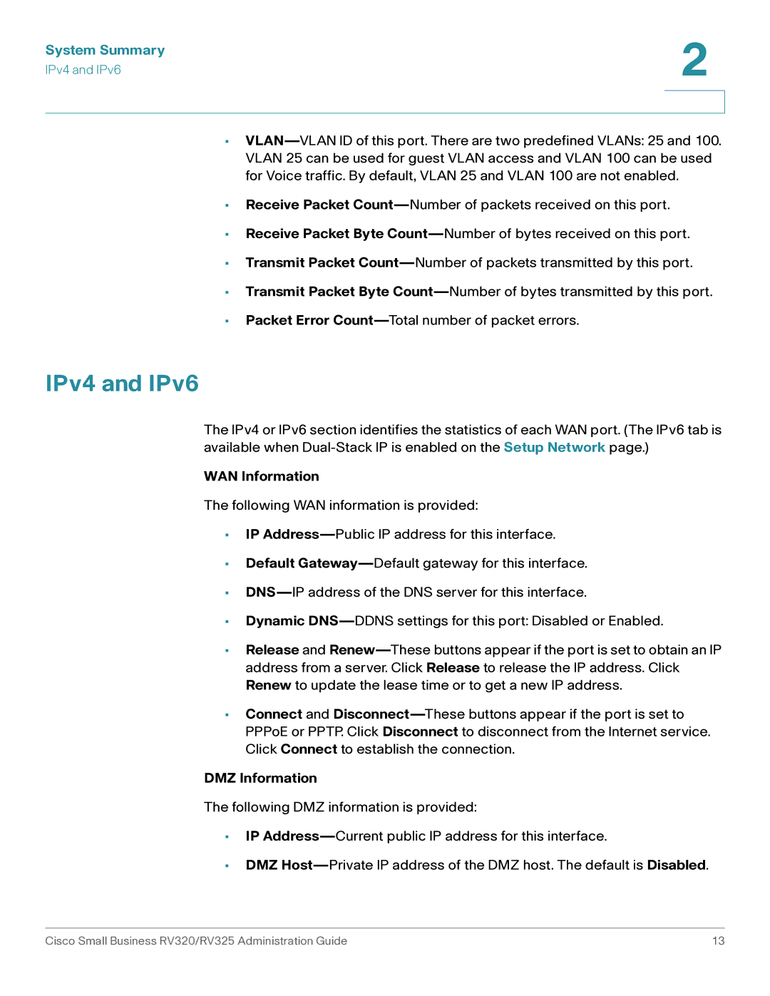 Cisco Systems RV325K9NA, RV320K9NA manual IPv4 and IPv6, WAN Information, DMZ Information 