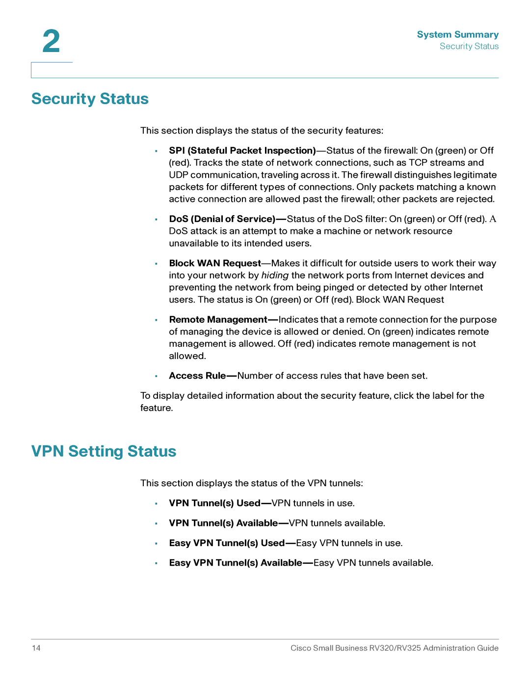 Cisco Systems RV320K9NA, RV325K9NA manual Security Status, VPN Setting Status 