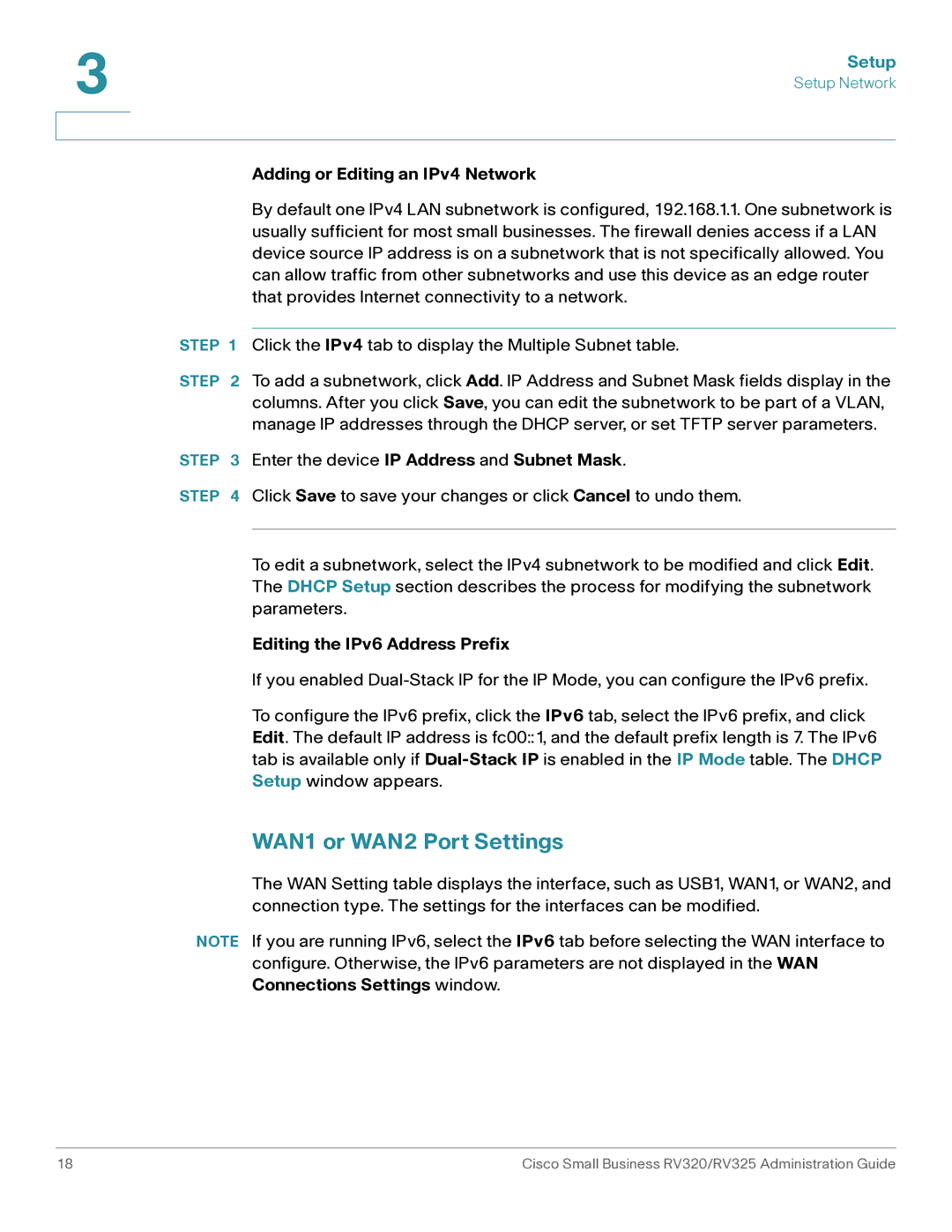 Cisco Systems RV320K9NA WAN1 or WAN2 Port Settings, Adding or Editing an IPv4 Network, Editing the IPv6 Address Prefix 