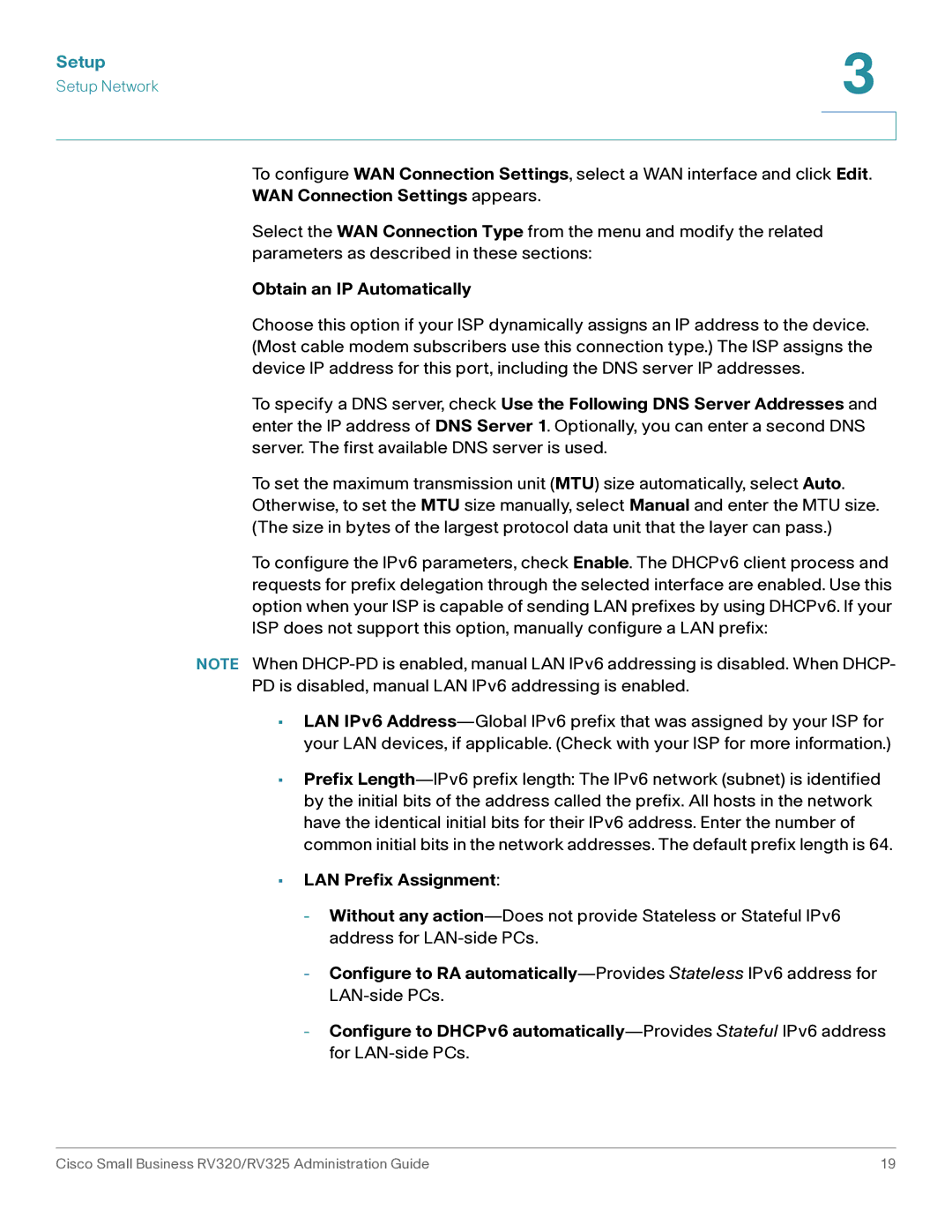 Cisco Systems RV325K9NA, RV320K9NA manual WAN Connection Settings appears, Obtain an IP Automatically, LAN Prefix Assignment 