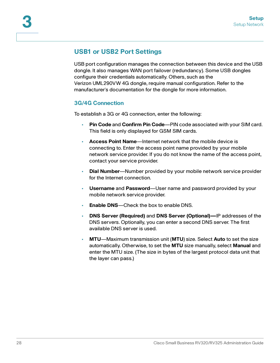 Cisco Systems RV320K9NA, RV325K9NA manual USB1 or USB2 Port Settings, 3G/4G Connection 