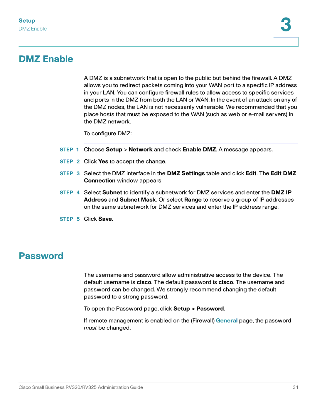 Cisco Systems RV325K9NA, RV320K9NA manual DMZ Enable, Password 