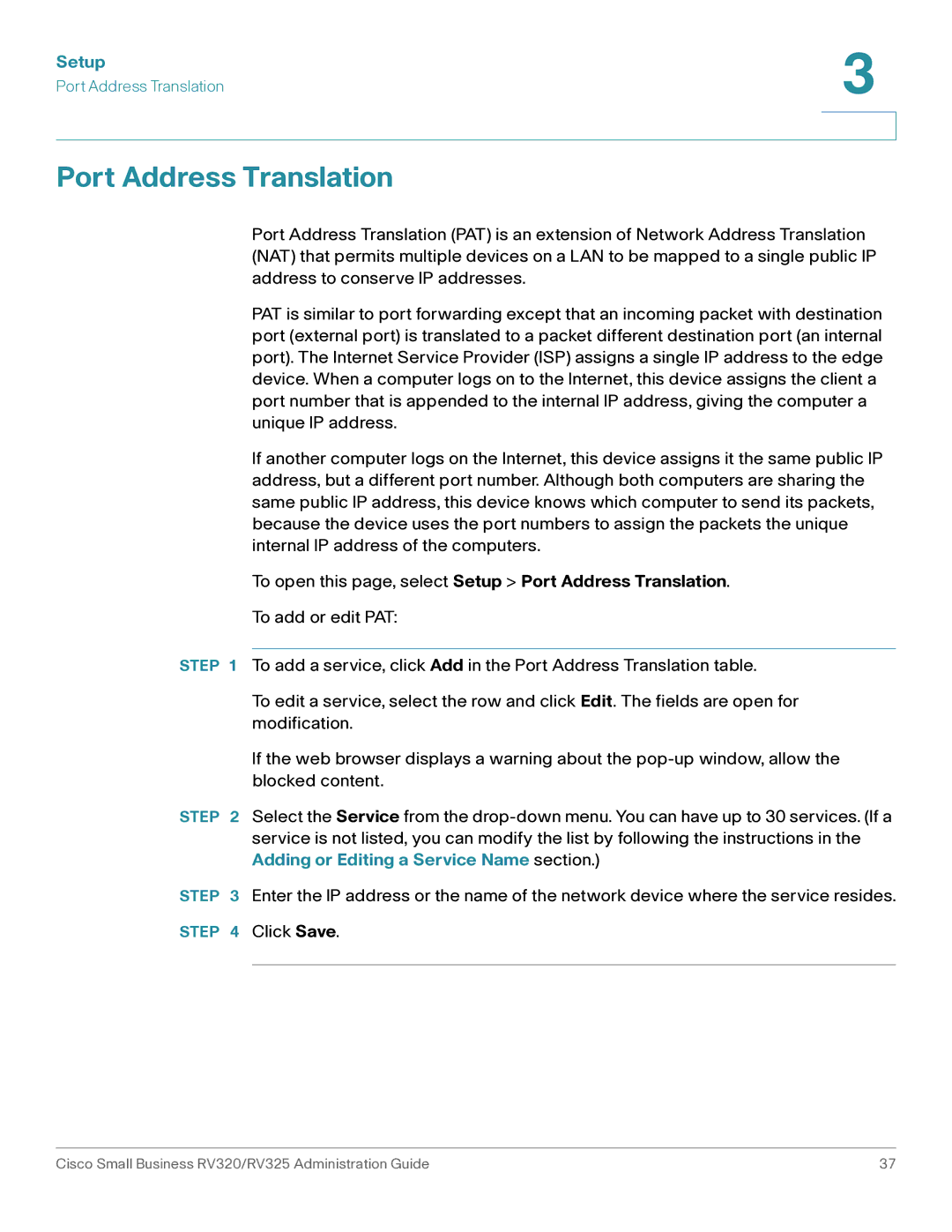 Cisco Systems RV325K9NA, RV320K9NA manual To open this page, select Setup Port Address Translation 