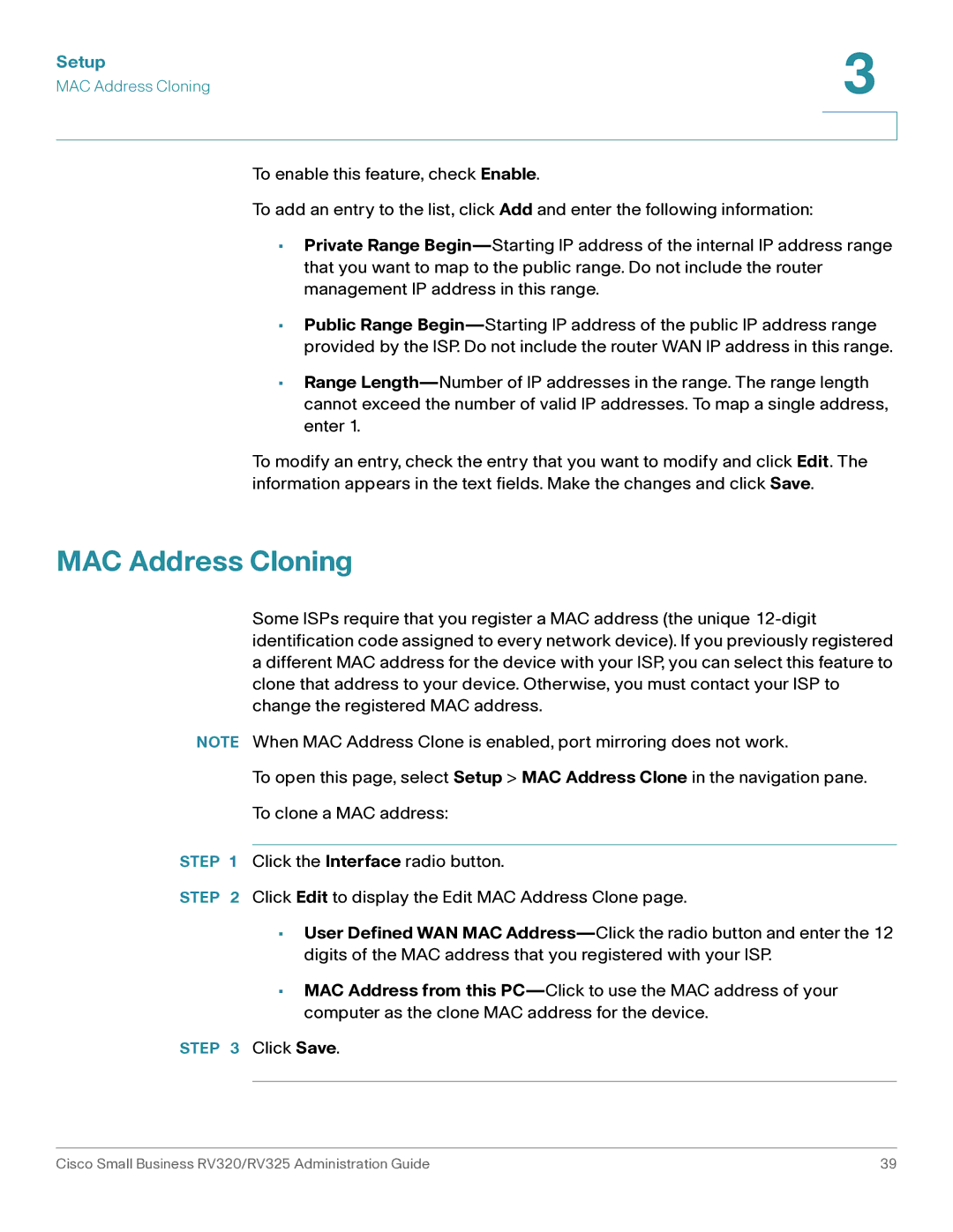 Cisco Systems RV325K9NA, RV320K9NA manual MAC Address Cloning 