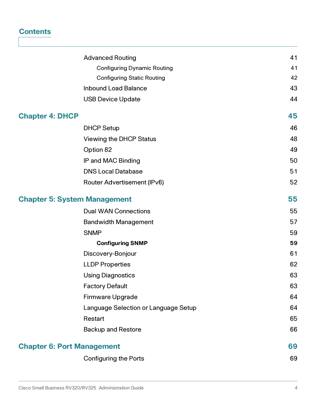 Cisco Systems RV320K9NA, RV325K9NA manual Contents, Dhcp, System Management, Port Management 