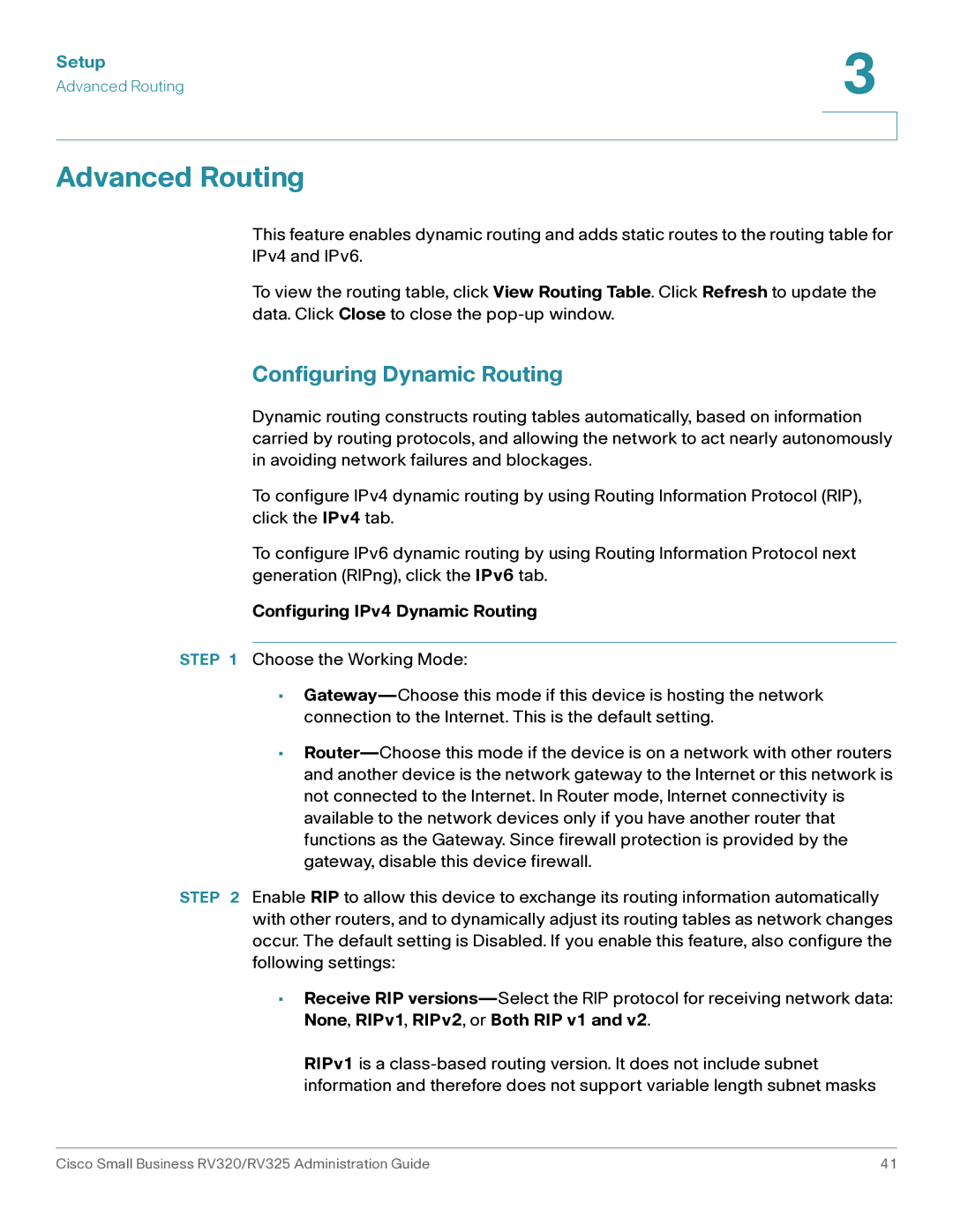 Cisco Systems RV325K9NA, RV320K9NA manual Advanced Routing, Configuring Dynamic Routing, Configuring IPv4 Dynamic Routing 