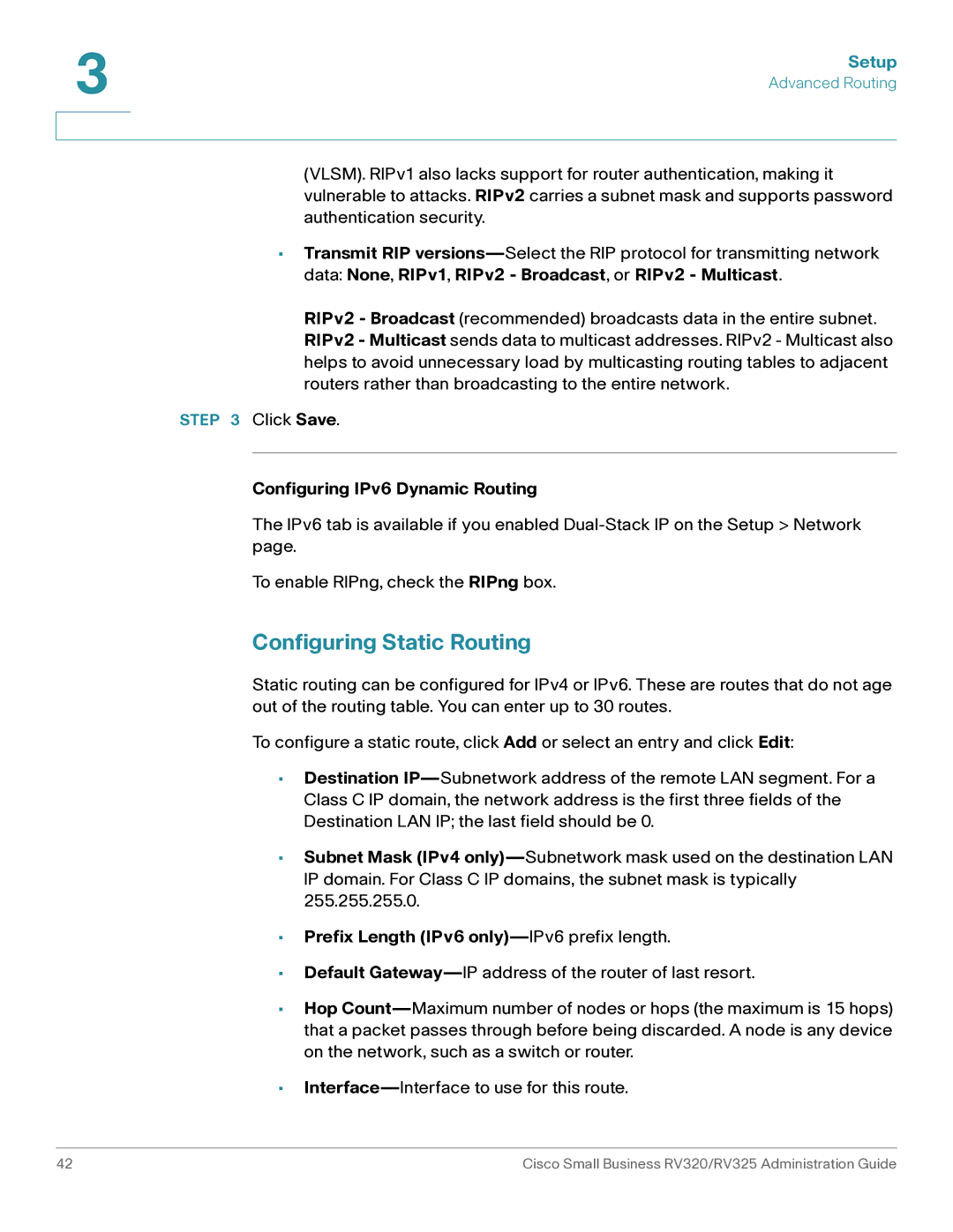 Cisco Systems RV320K9NA, RV325K9NA manual Configuring Static Routing, Configuring IPv6 Dynamic Routing 