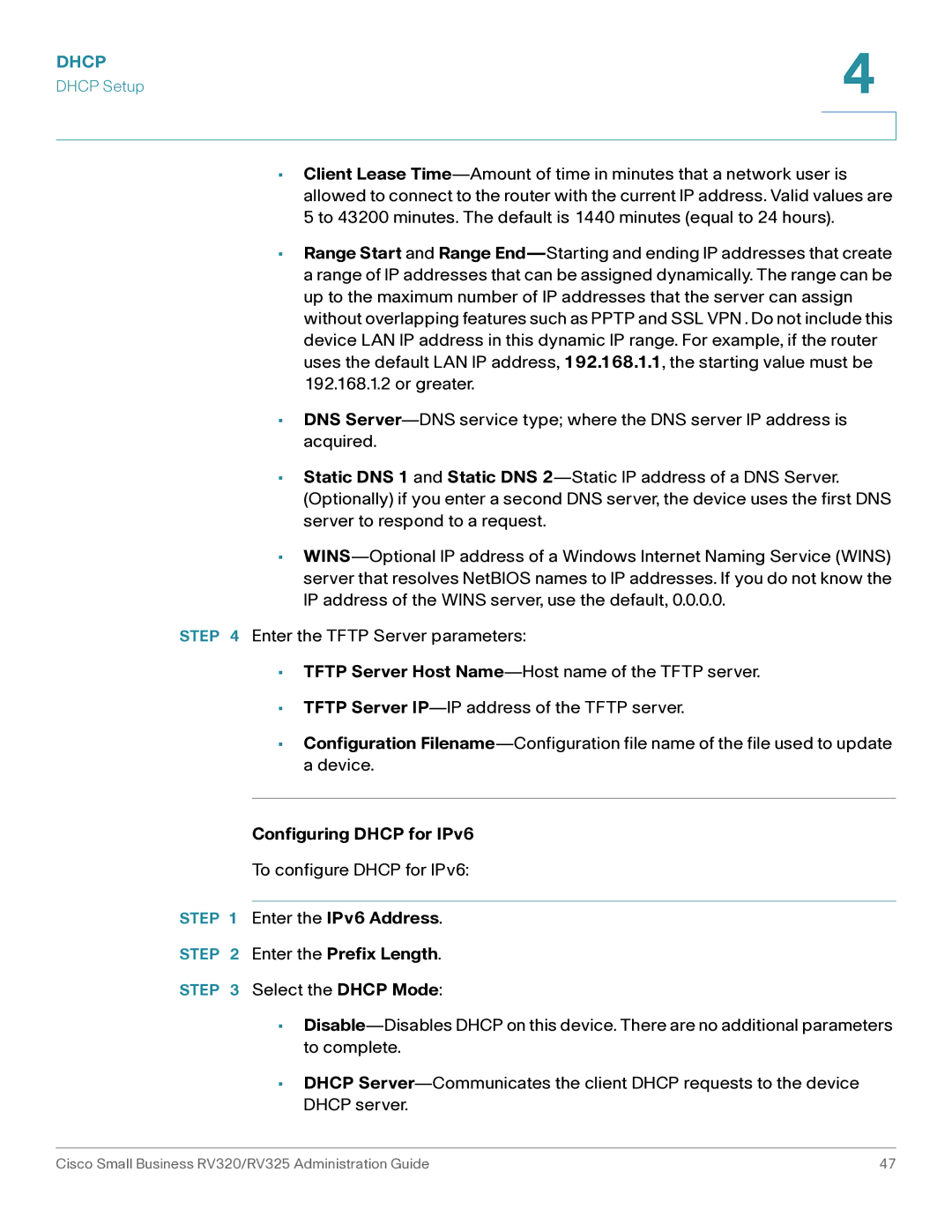 Cisco Systems RV325K9NA, RV320K9NA manual Configuring Dhcp for IPv6, Enter the IPv6 Address Enter the Prefix Length 