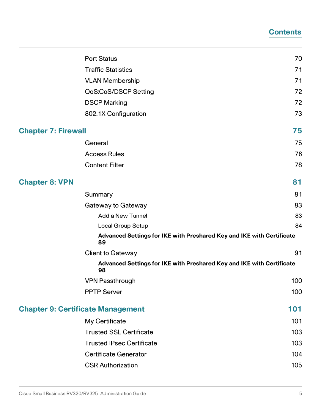 Cisco Systems RV325K9NA, RV320K9NA manual Firewall, Vpn, Certificate Management 101 