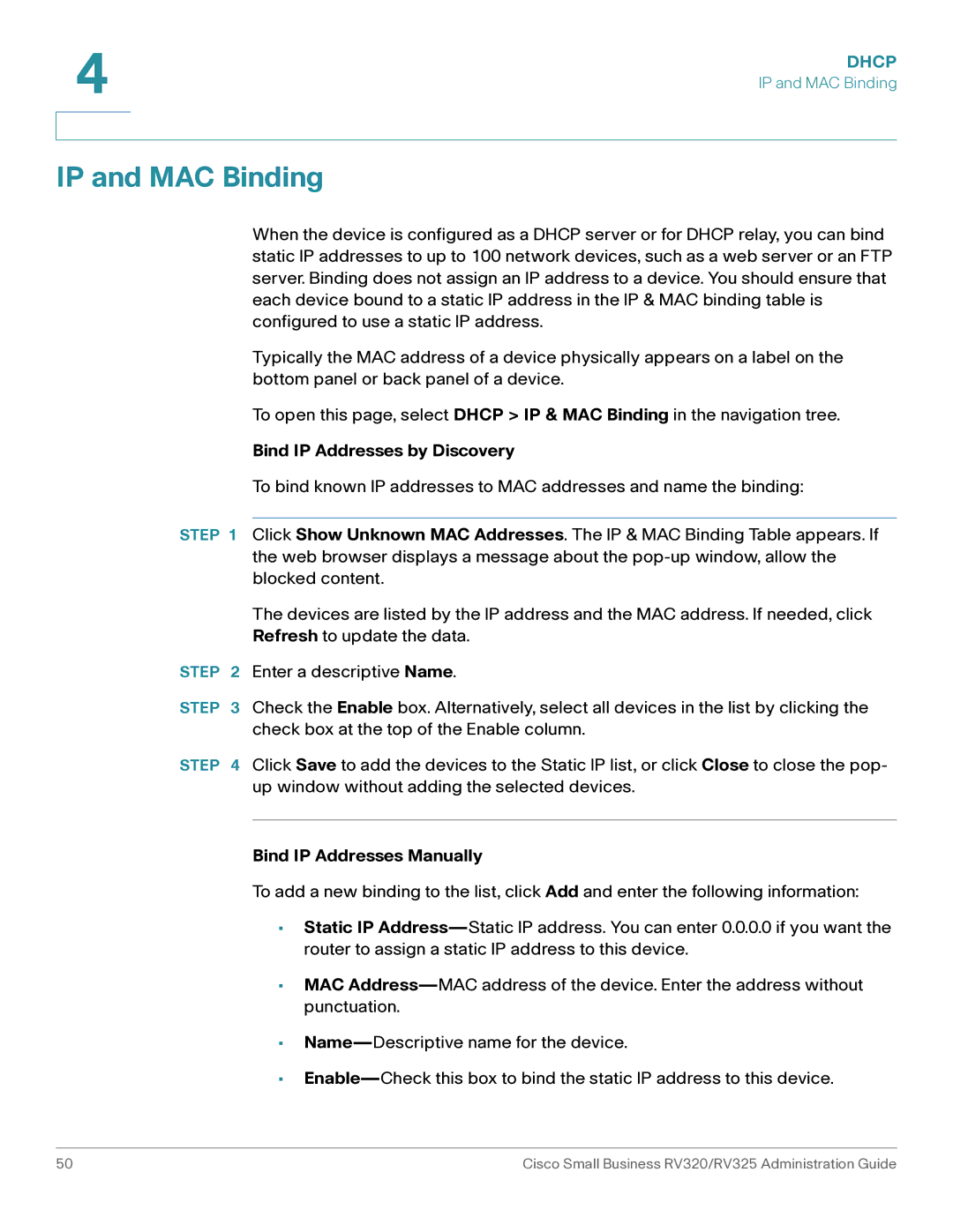 Cisco Systems RV320K9NA, RV325K9NA manual IP and MAC Binding, Bind IP Addresses by Discovery, Bind IP Addresses Manually 