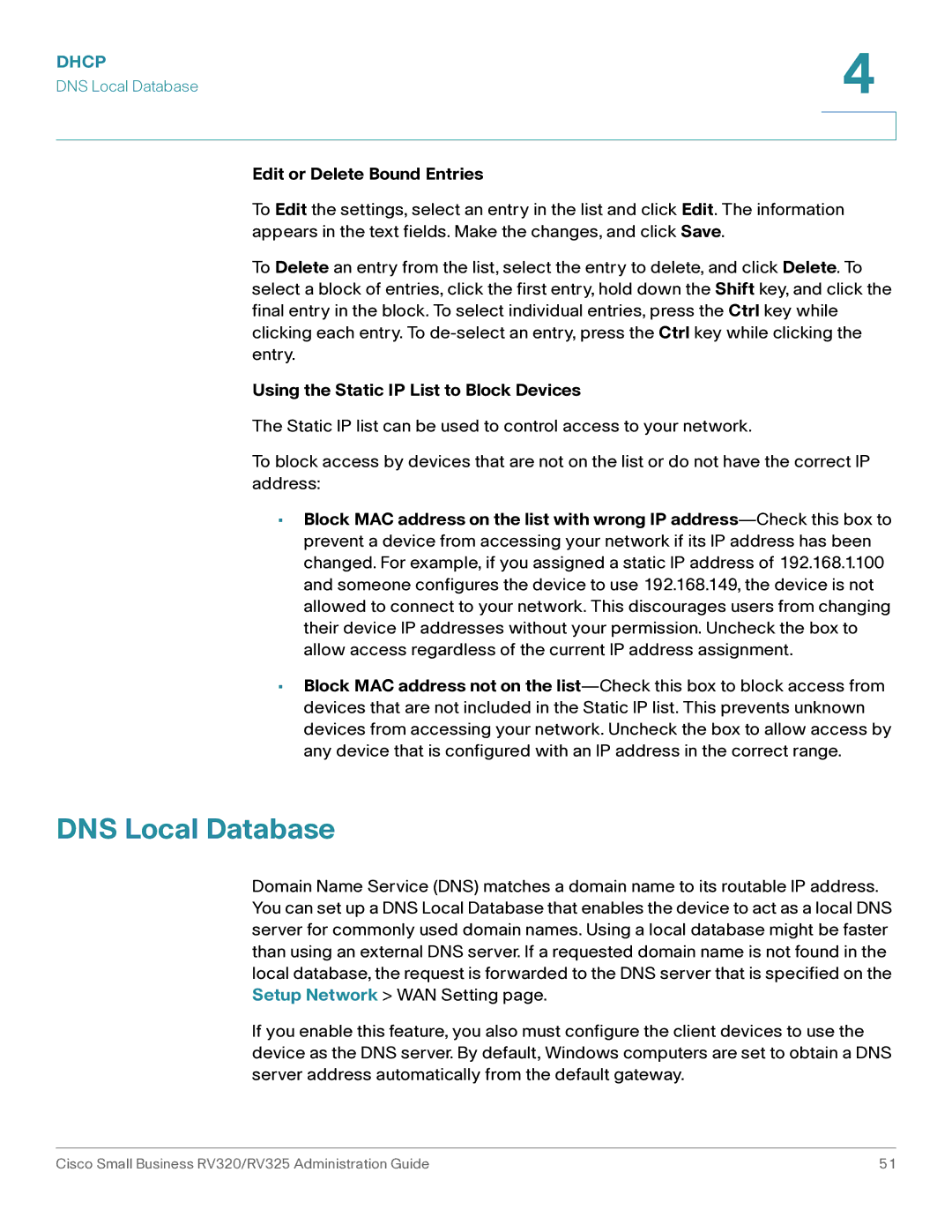 Cisco Systems RV325K9NA manual DNS Local Database, Edit or Delete Bound Entries, Using the Static IP List to Block Devices 