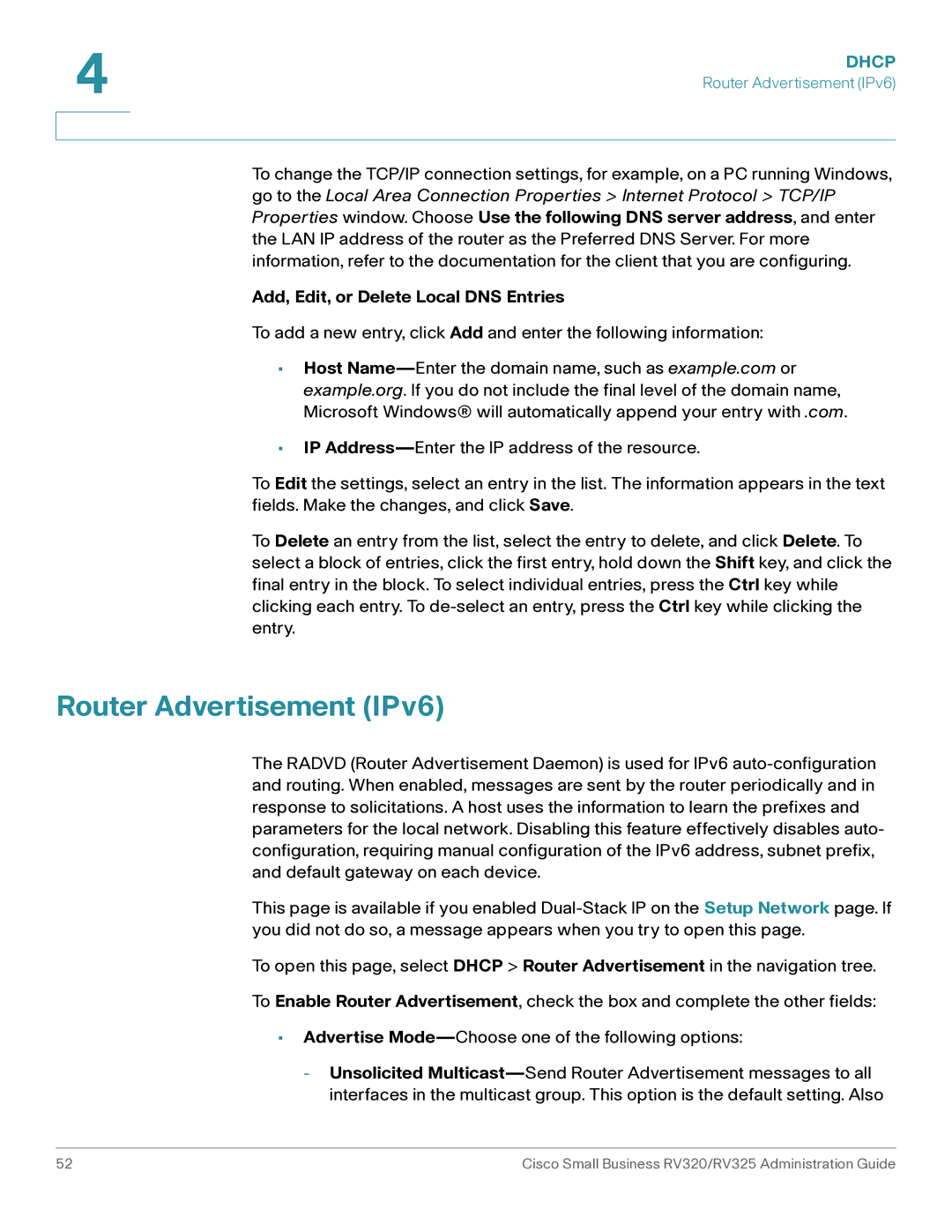 Cisco Systems RV320K9NA, RV325K9NA manual Router Advertisement IPv6, Add, Edit, or Delete Local DNS Entries 